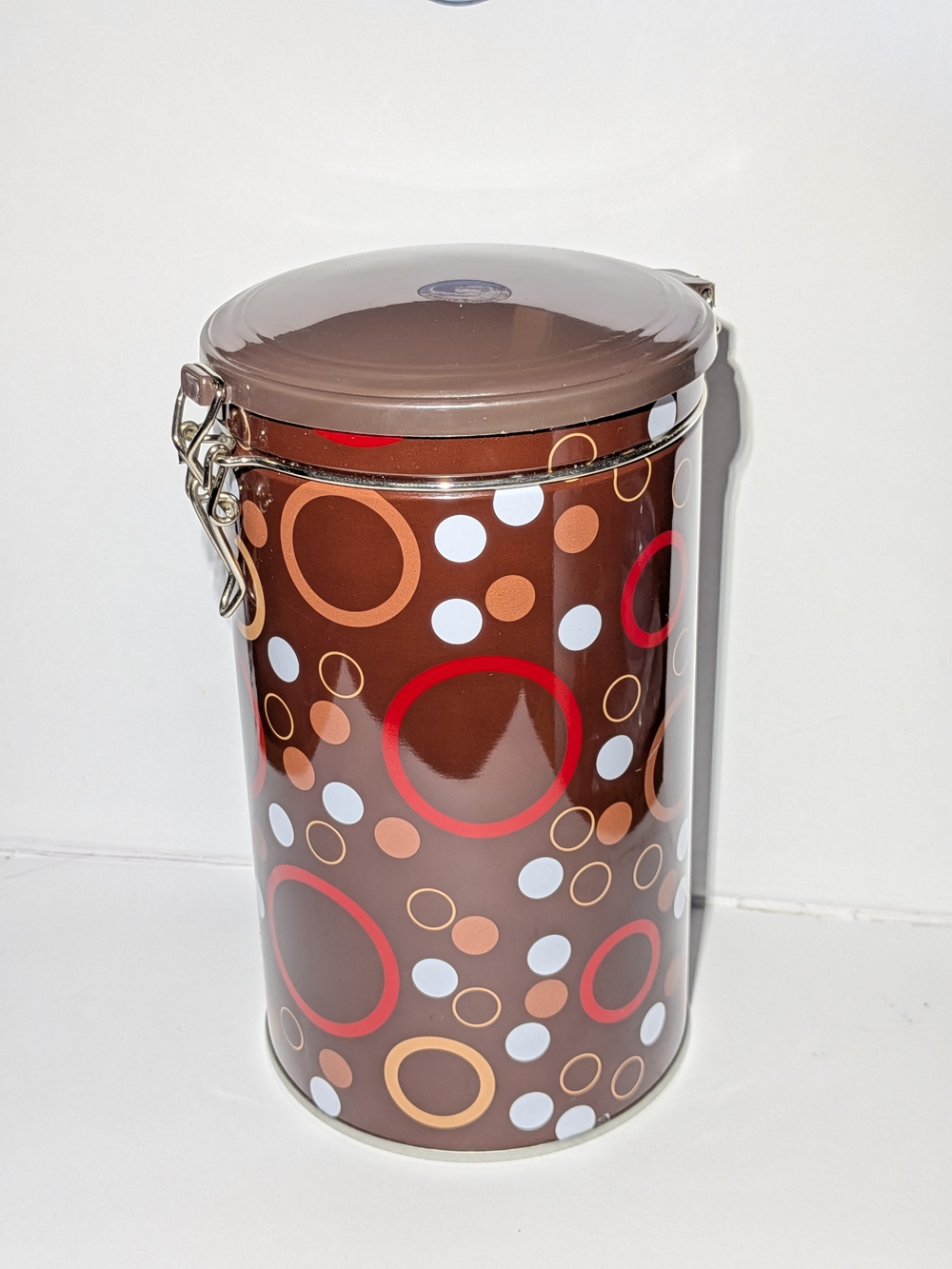 Retro Brown & Red Tin Canister with Circular Lid & Latch Storage